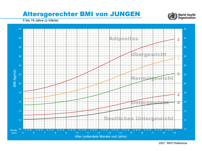 Adipositas-Scores für Jungen zwischen 5 und 19 Jahren basierend auf dem Verhältnis von Body-Mass-Index und Alter