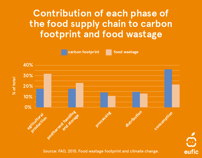 Contribution of each phase of food supply chain to carbon footprint and food wastage