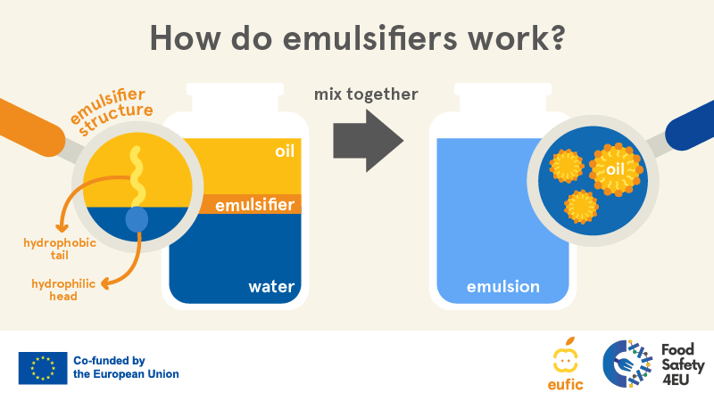 What are emulsifiers and what are common examples used in food