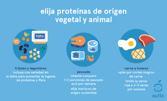 Elija proteínas de origen vegetal y animal