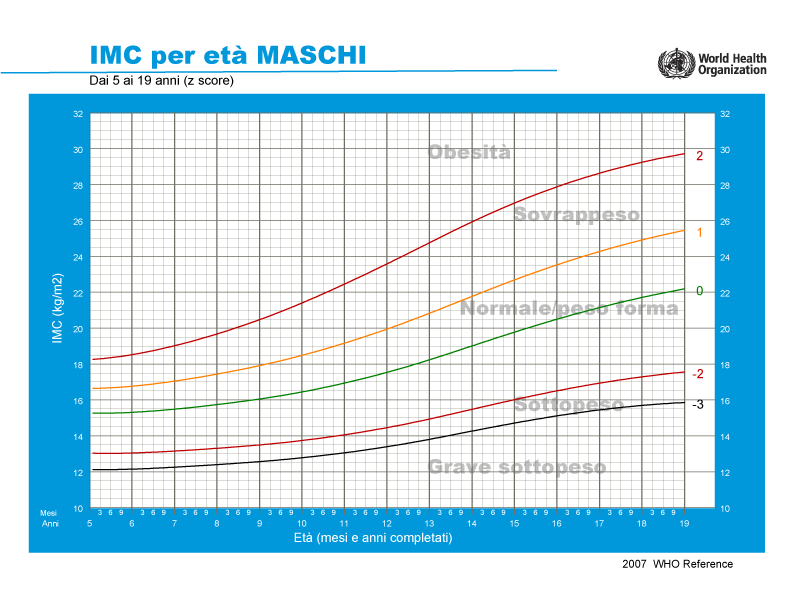 Punteggi di obesità per ragazzi di età compresa tra 5-19 anni in base al rapporto tra indice di massa corporea ed età